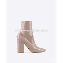 China women bootie in stretch fabric and patent, Chunky heel bootie, Zip closure on the back bootie